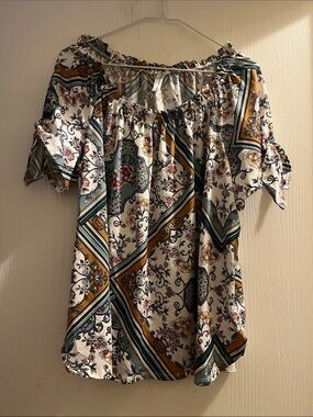 Floral-Print Off-Shoulder Blouse in White, Green & Mustard